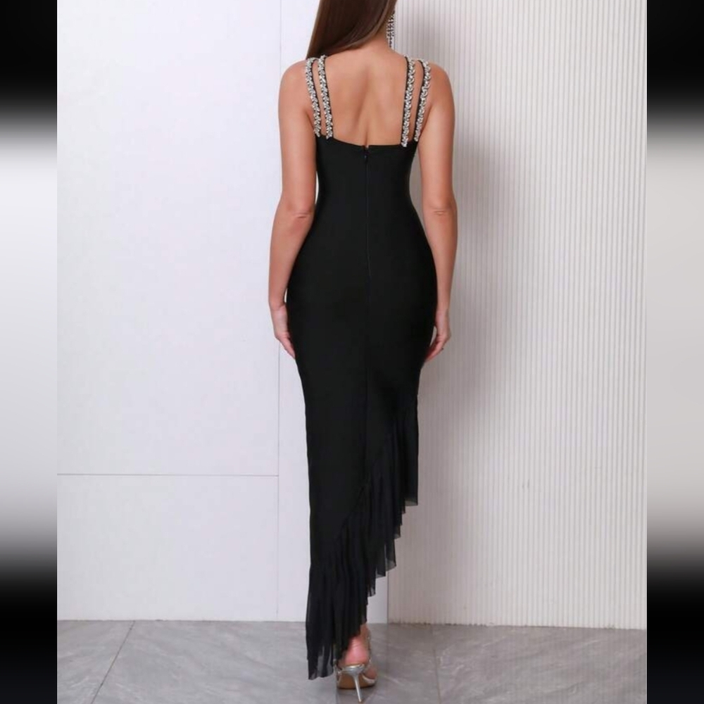 Crystal Beaded Rhinestone Criss-Cross Black Asymmetrical Dress - Picture 4 of 9